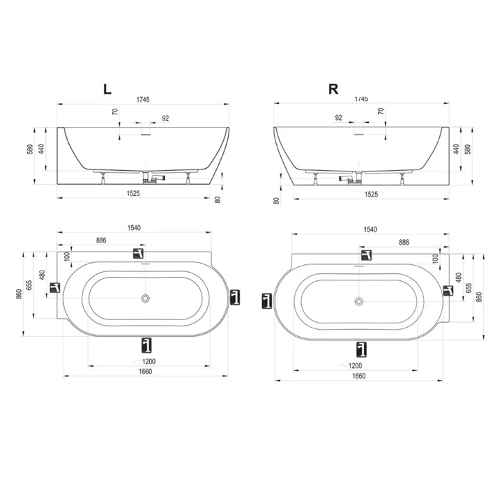 Ravak FREEDOM Corner II TEC R 1750x860 mm fehér/fehér lefolyóval akrilkád sarokba CC81A00000