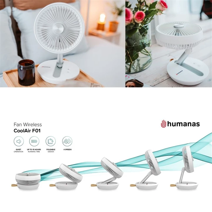Humanas CoolAir F01 vezeték nélküli ventilátor, 15 órás működési idő, 180° dőlésszög, USB-C, 4 teljesítmény fokozat HUHS
