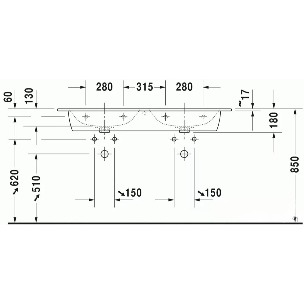 Duravit me by starck duplamosdó, két csaplyukkal, túlfolyóval, 130x49 cm 2336130000