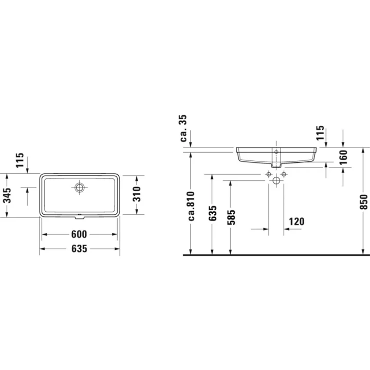 Duravit Duravit Vero Air mosdótál 60x31cm négyszögletes alulról beépíthető fehér 0384600000