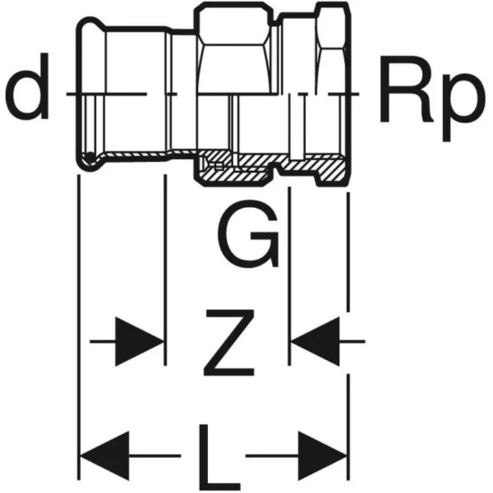 Geberit Mapress szénacél BM átmeneti csatlakozó idom, d42, Rp1 1/2", G1 3/4" 25308