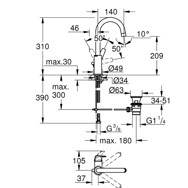 Grohe bauflow egykaros mosdócsaptelep leeresztővel,króm, l méret 23753000 Grohe bauflow egykaros mosdócsaptelep leeresztővel,króm, l méret 23753000