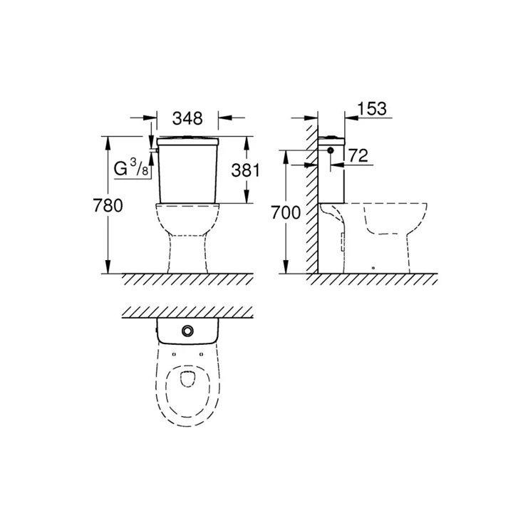 Grohe Bau Ceramic falsíkon kívüli monoblokkos wc tartály 39437000 Grohe Bau Ceramic falsíkon kívüli monoblokkos wc tartály 39437000