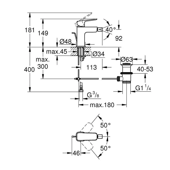 Grohe Cubeo egykaros bidécsaptelep, 1/2” S-es méret, automata leeresztővel 1018100000