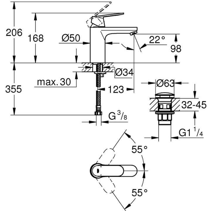 Grohe eurosmart cosmopolitan mosdó csaptelep, "M"-es méret, click-clack leeresztővel 23926000 Grohe eurosmart cosmopolitan mosdó csaptelep, "M"-es méret, click-clack leeresztővel 23926000