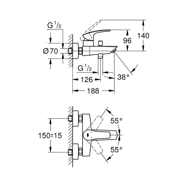 Grohe Eurosmart 2021 fali kádtöltő csaptelep, automata zuhanyváltóval, króm 33300003 Grohe Eurosmart 2021 fali kádtöltő csaptelep, automata zuhanyváltóval, króm 33300003