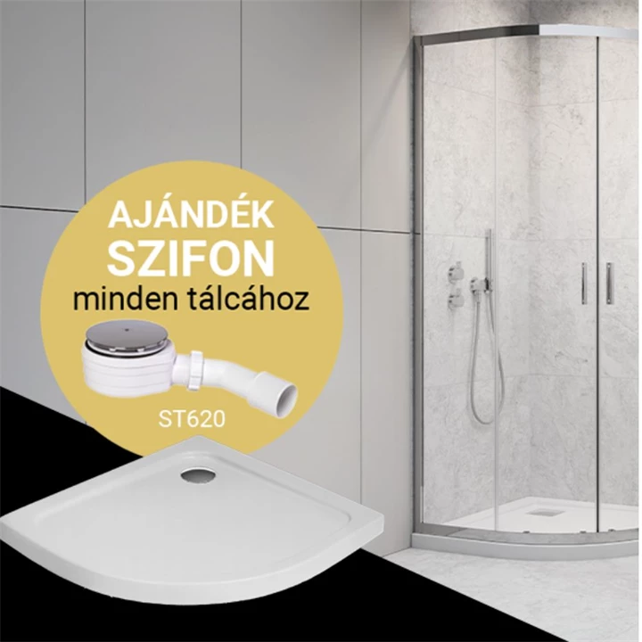 H2O Comfort A íves, króm zuhanykabin 90x90 cm-es méretben + Nero A slim zuhanytálca 10901