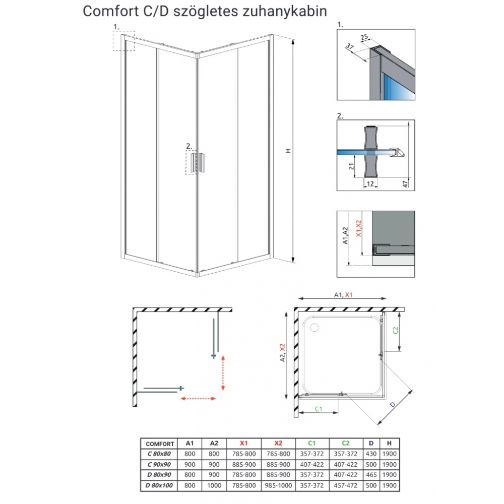 H2O Comfort C 80×80 cm szögletes zuhanykabin 10238080-01-01