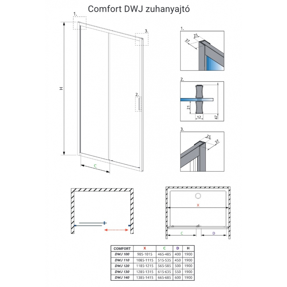 H2O Comfort DWJ 110 cm zuhanyajtó 10260110-01-01