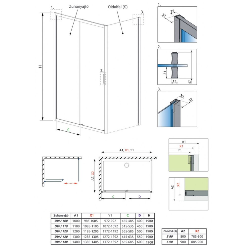 H2O Comfort DWJ 110 cm zuhanyajtó 10260110-01-01