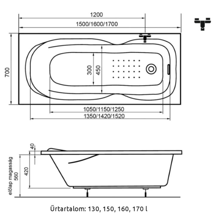 H2O Mona 160x70 egyenes kád láb nélkül 12443 H2O Mona 160x70 egyenes kád láb nélkül 12443