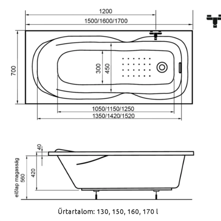 H2O Mona 170x70 egyenes kád láb nélkül 12444