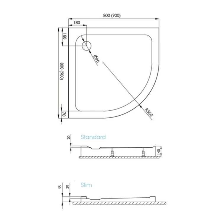 H2O Slim Nero A zuhanytálca íves 90x90x5,5 + szifon 12320