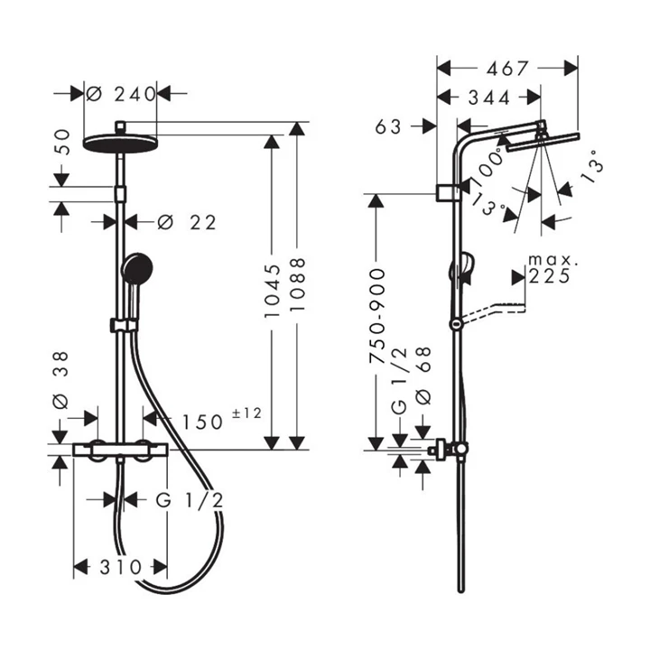 Hansgrohe Activera S term. Z.rendszer, z.csapteleppel Showerpipe 240, 1jet, EcoSmart, Ecostat Fine Varia, matt fekete 28