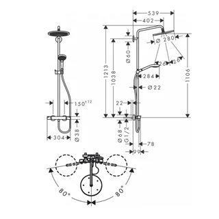 Hansgrohe Croma Select S Showerpipe 280 1jet termosztáttal és Raindance Select S 120 3jet kézizuhannyal, polírozott aran