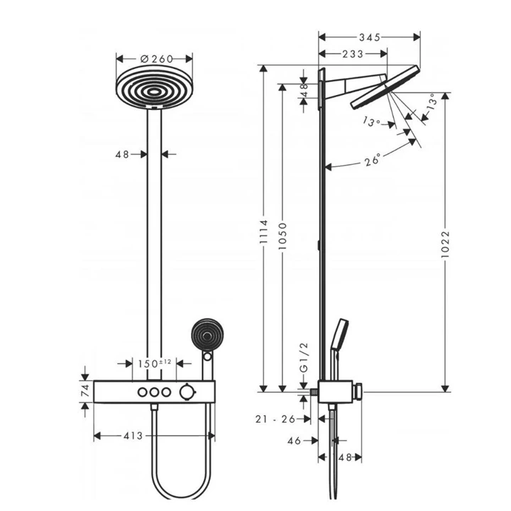 Hansgrohe Pulsify Showerpipe 260, 2 jet, és ShowerTablet Select 400, szálcsiszolt bronz 24240140