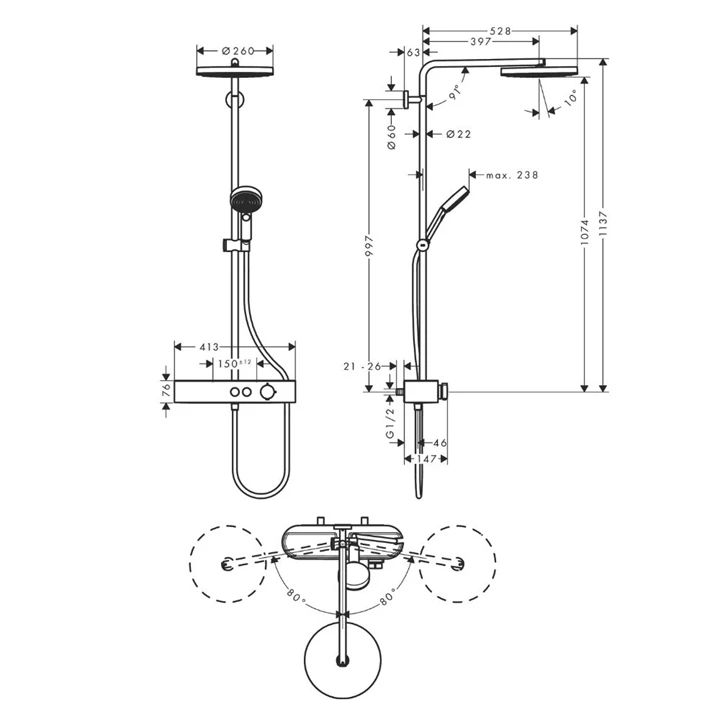 Hansgrohe Pulsify S term. Z.rendsz, z.csapteleppel Showerpipe 260, 1 jet EcoSmart és ShowerTablet Select 400, matt fehér