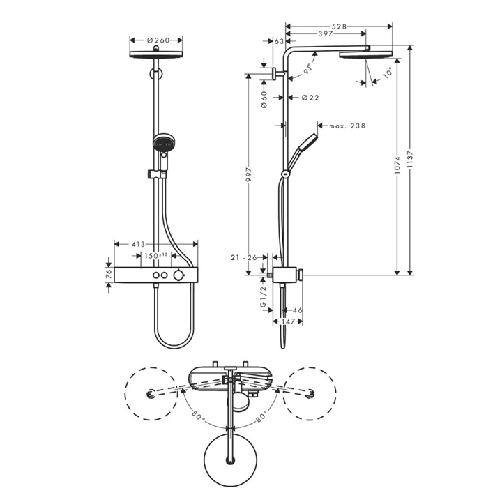 Hansgrohe Pulsify S term. Zuh.rendsz, zuhanycsapt. Showerpipe 260, 1 jet EcoSmart és ShowerTablet Select 400, matt feket