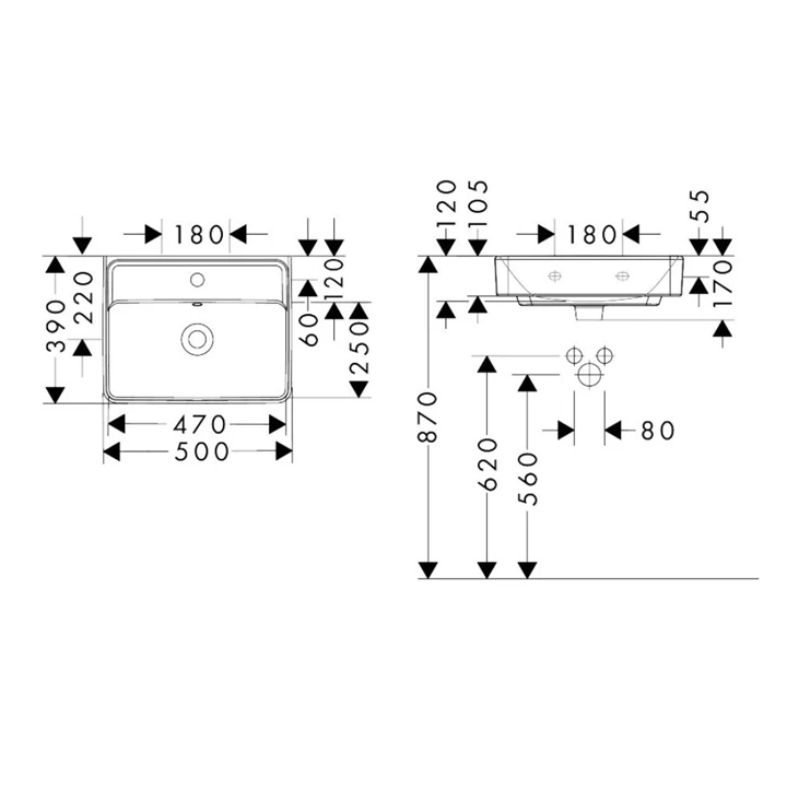 Hansgrohe Xanuia Q Kézmosó 500/390, csapfurattal és túlfolyóval, fehér 60131450