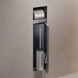 Hansgrohe XtraStoris Rock falba süllyesztett WC kefe tartó WC papír tartóval és csempézhető ajtóval, szálcsiszolt rozsda Hansgrohe XtraStoris Rock falba süllyesztett WC kefe tartó WC papír tartóval és csempézhető ajtóval, szálcsiszolt rozsda