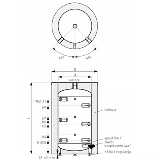 Heizer PUS-200 fali puffertároló 200L, 110,5×67×67 cm, 6/4" menettel, szigetelt, fűtésre 70-200000