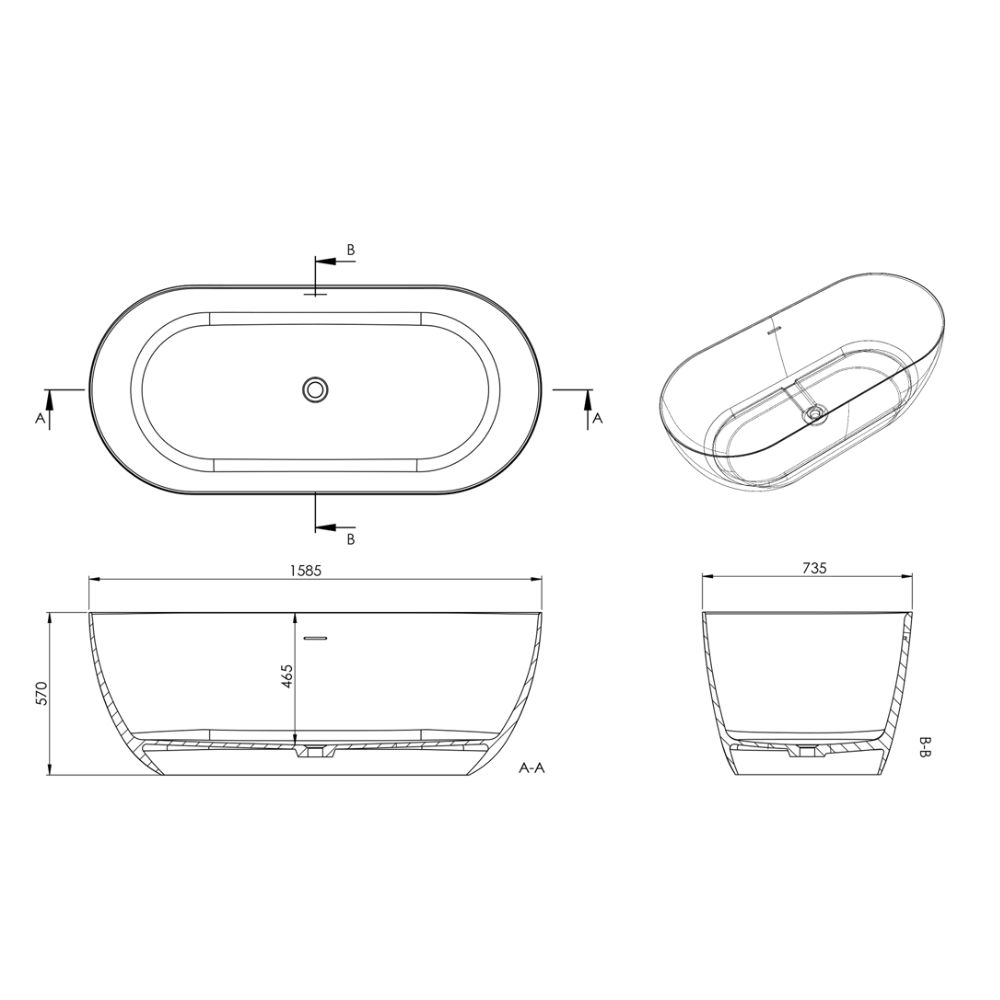 Marmy ALLURE SLIM 160x75 öntöttmárvány térbe állítható fürdőkád, matt fehér 30 2003 16 11 11