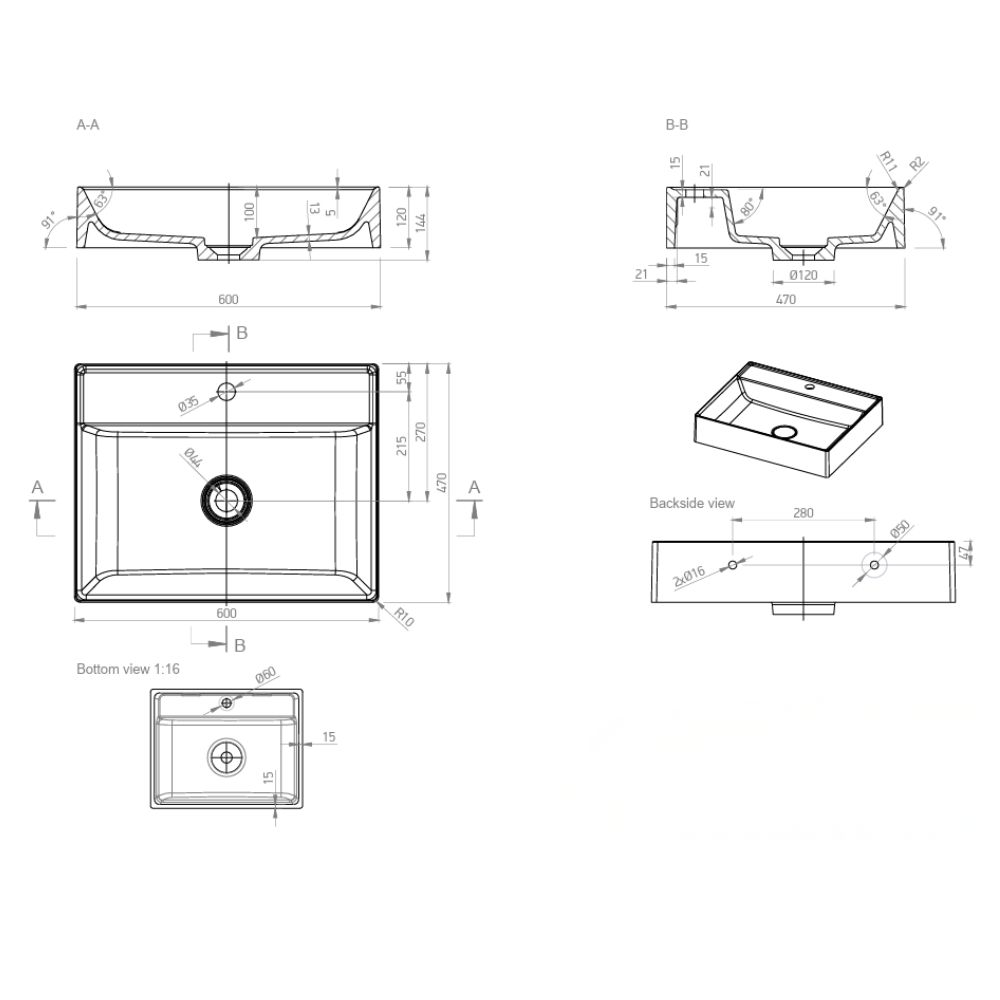 Marmy Aperol mosdó 60x47 cm, csapfurattal és túlfolyó nélkül, fényes fehér 6 301 22 06 11 18
