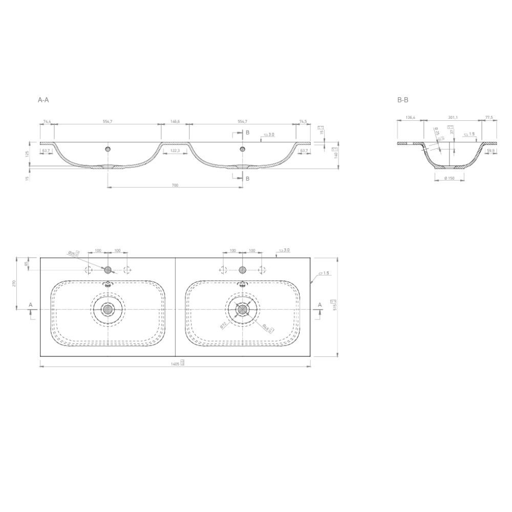 Marmy ASPEN mosdó 140 X 51cm dupla medencés mosdó, túlfolyóval, leeresztő nélkül, fehér 807207144210