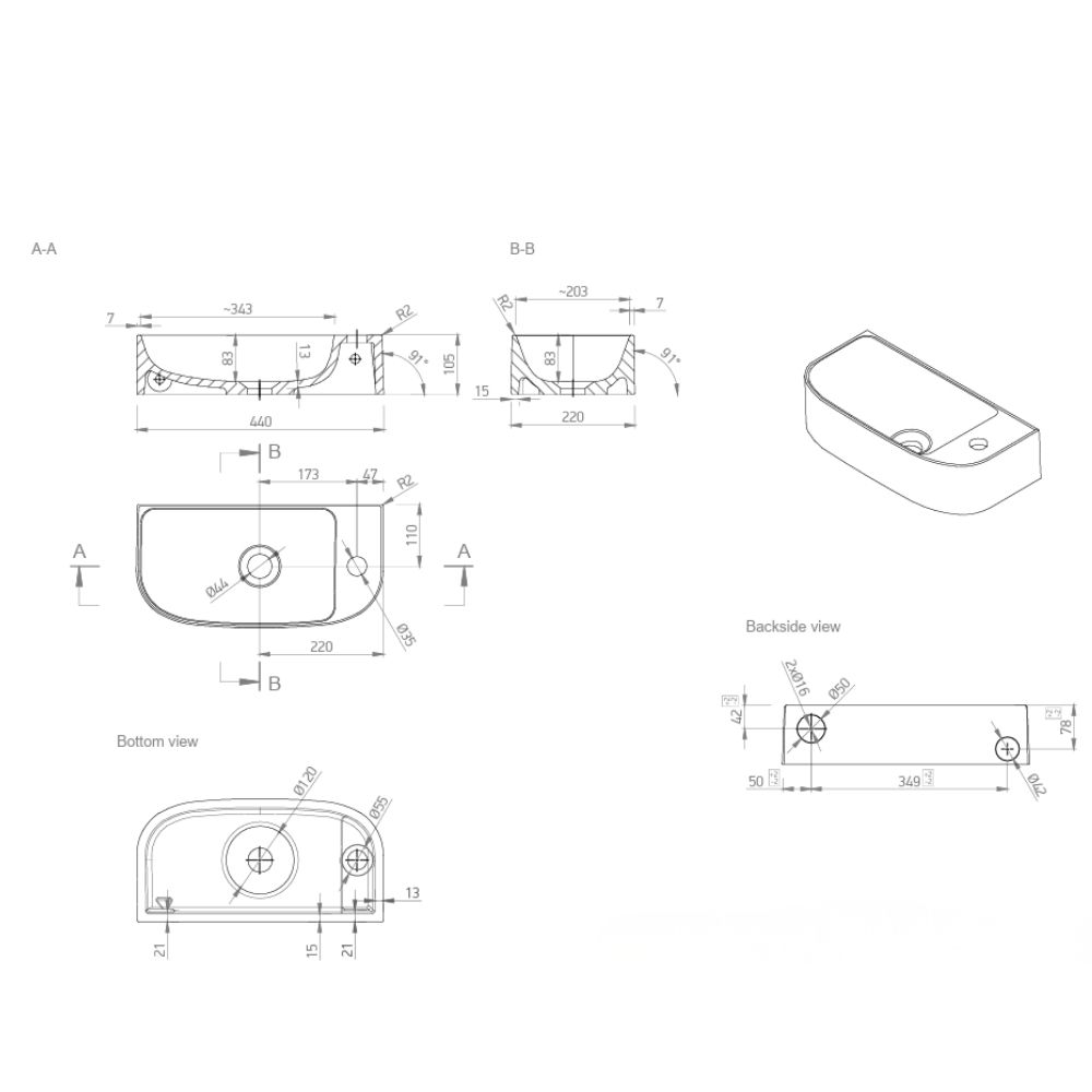 Marmy BOB 44x22 kézmosó, fényes fehér 6 301 20 04 31 18