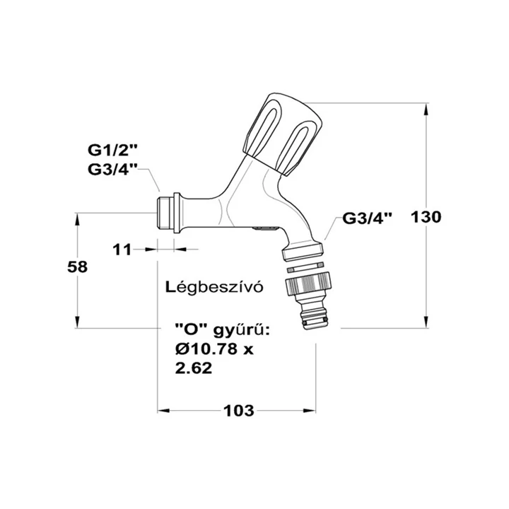 Mofém kifolyószelep, 1/2", tömlővéges és gyorscsatlakozási lehetőséggel, légbeszívóval 162-0007-00 Mofém kifolyószelep, 1/2", tömlővéges és gyorscsatlakozási lehetőséggel, légbeszívóval 162-0007-00