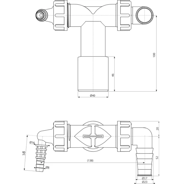 Alcaplast Dupla csonk DN40/32 / 8–23, visszacsapó szelepekkel P156Z