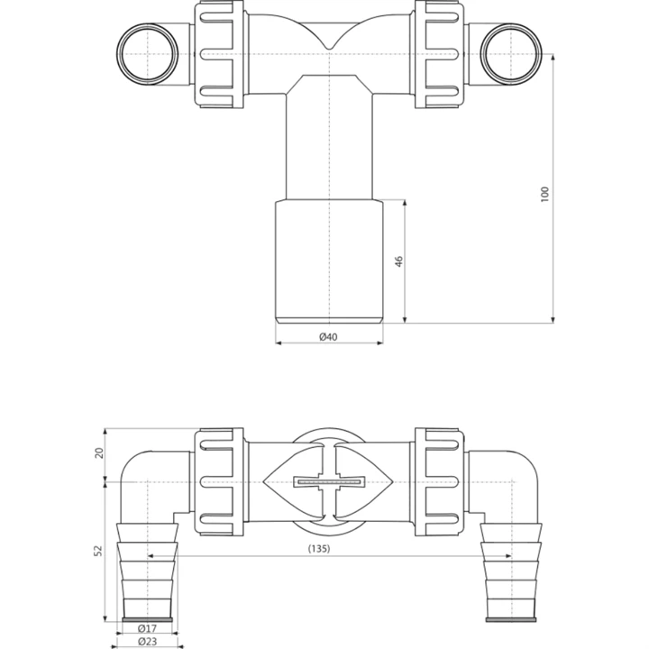 Alcaplast Dupla csonk DN40/32 / 17–23, visszacsapó szelepekkel P155Z