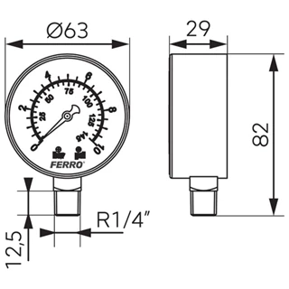 Ferro nyomásmérő alsós, 10 bar, 63mm M6310R