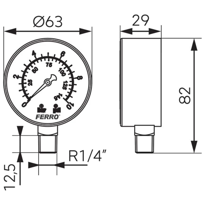 Ferro nyomásmérő alsós, 10 bar, 63mm M6310R