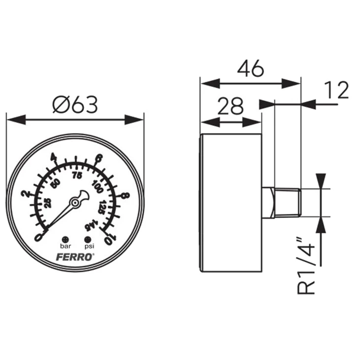 Ferro nyomásmérő hátsós, 10 bar, 63mm M6310A