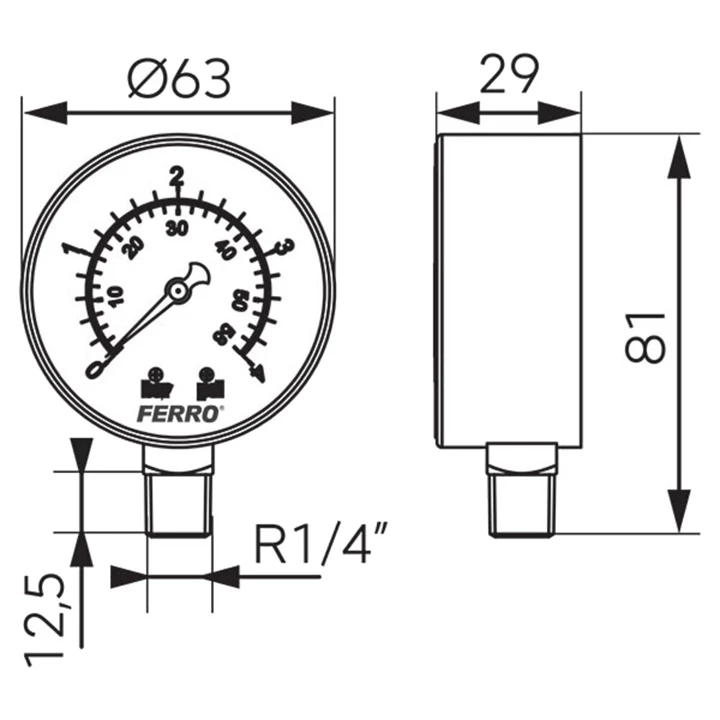 Ferro nyomásmérő alsós, 4,0 bar, 63mm M6304R