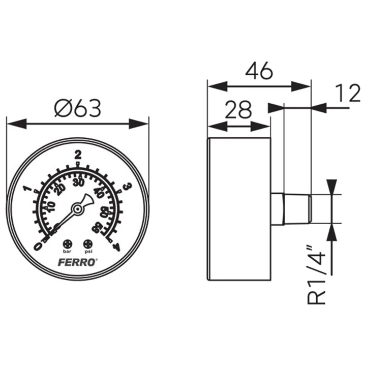 Ferro nyomásmérő hátsós, 4,0 bar, 63mm M6304A