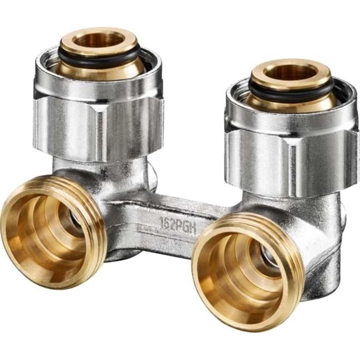 Oventrop Multiflex F kétcsöves fűtőtest-csatlakozás ZB, sarok, 3/4” hollandi x 3/4” KM, nikkelezett 1015814