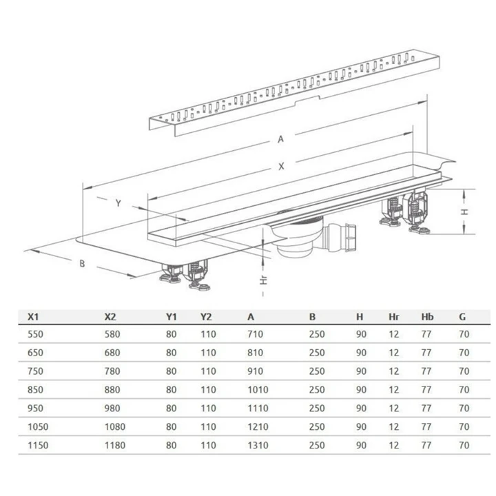 Radaway rozsdamenetes zuhanyfolyóka 65 cm, burkolható ráccsal 5R065B
