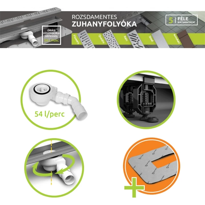 Radaway rozsdamenetes zuhanyfolyóka 65 cm, burkolható ráccsal 5R065B