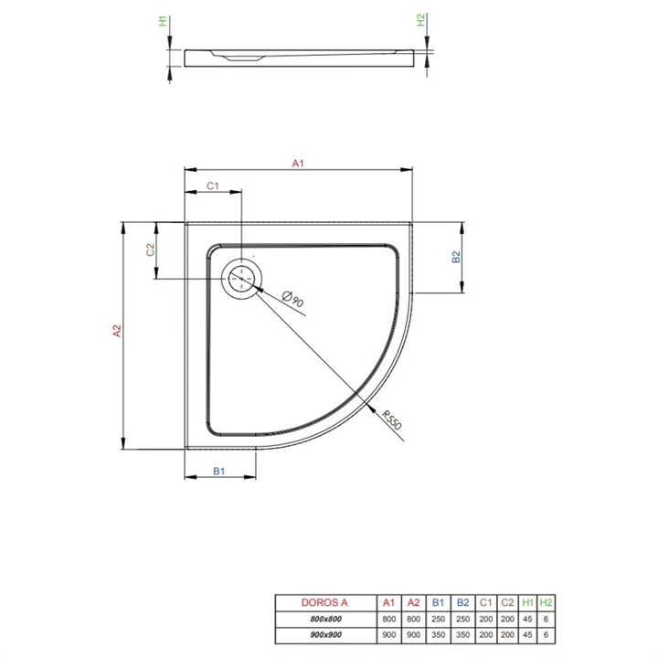 Radaway Doros Stone A íves zuhanytálca 90x90 antracit, ajándék szifonnal SDRA9090-01-64S