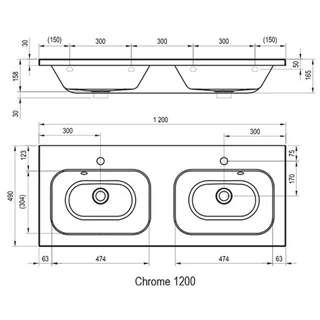 RAVAK MOSDÓ CHROME 1200*490 DUPLA, FURATTAL, ÖNTÖTT MŰMÁRVÁNY