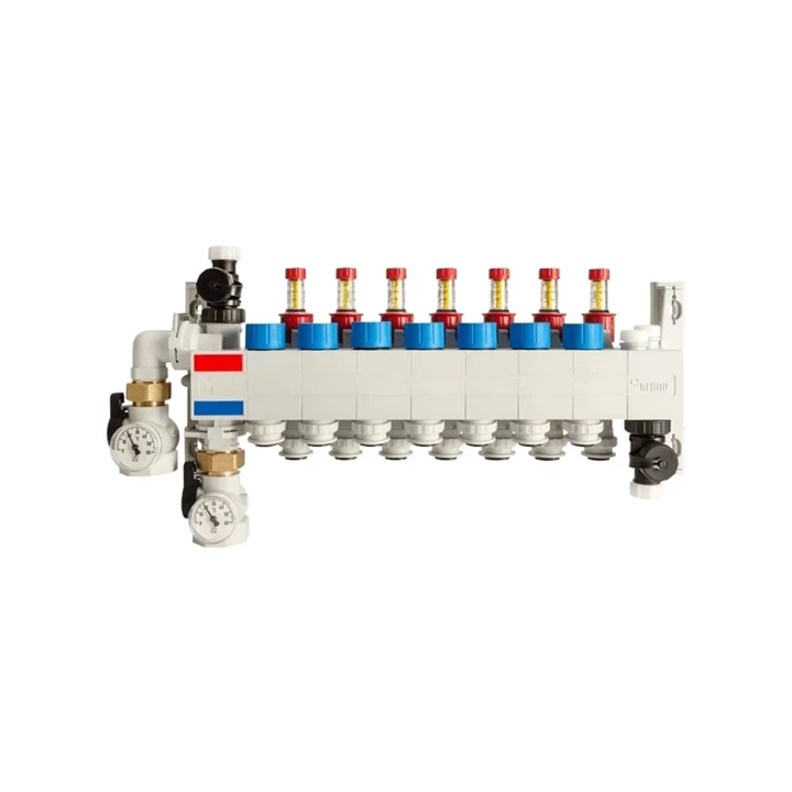 Rehau rautherm speed hkv-p polimer osztó-gyűjtő átfolyásmérővel 7 körös 16 mm csőcsatlakozóval 14707501001 Rehau rautherm speed hkv-p polimer osztó-gyűjtő átfolyásmérővel 7 körös 16 mm csőcsatlakozóval 14707501001