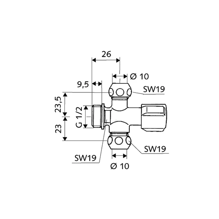 Schell COMFORT szabályozható sarokszelep két kiállással 1/2"-3/8"-3/8" 049910699
