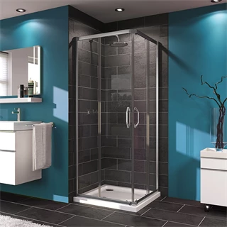 Technik Sanitary X1 (Hüppe) sarokbelépős, szögletes tolóajtós zuhanykabin, fényes ezüst jellegű szerelvények, 900x900 TT