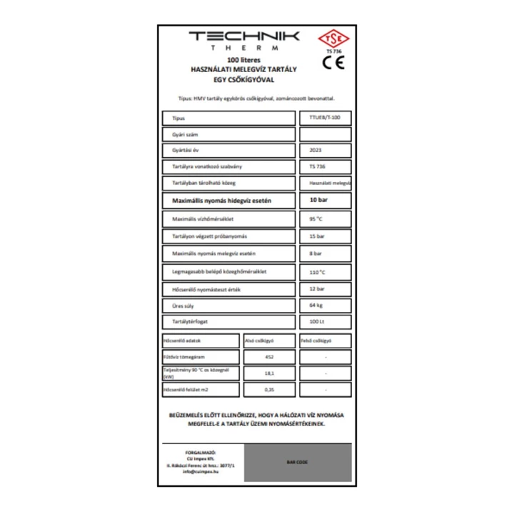 Technik Therm Indirekt HMV tároló egy standard csőkígyóval, 100 l,  TTUEB/T-100