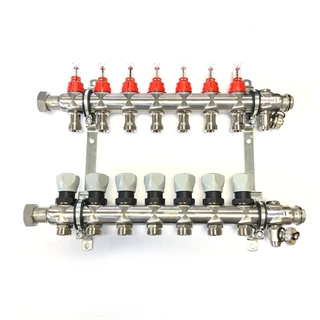Technik Therm osztó-gyűjtő, áramlásmérős, 11 körös, rozsdamentes acél, konzollal, kézi légtelenítővel TTO-11 Technik Therm osztó-gyűjtő, áramlásmérős, 11 körös, rozsdamentes acél, konzollal, kézi légtelenítővel TTO-11