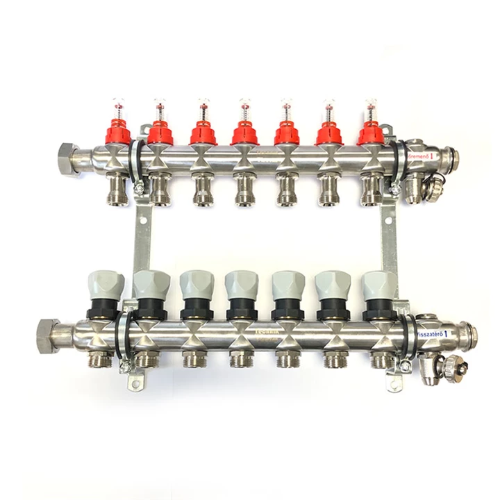 Technik Therm osztó-gyűjtő, áramlásmérős, 11 körös, rozsdamentes acél, konzollal, kézi légtelenítővel TTO-11 Technik Therm osztó-gyűjtő, áramlásmérős, 11 körös, rozsdamentes acél, konzollal, kézi légtelenítővel TTO-11