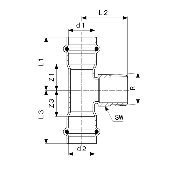 Viega Sanpress Inox T-idom, 22-3/4"-22 KM VG-445980