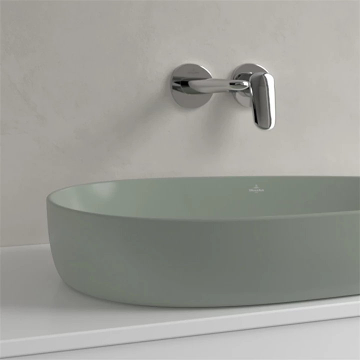Villeroy and Boch Antao ráültethető mosdó, aszimmetrikus, fali vagy magasított csaptelephez, 650 x 400, Morning Green 4A Villeroy and Boch Antao ráültethető mosdó, aszimmetrikus, fali vagy magasított csaptelephez, 650 x 400, Morning Green 4A